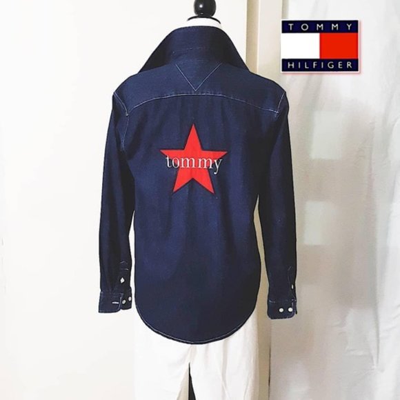 TOMMY HILFIGER Blue Denim Cotton Shirt Jean Jacket L-Sleeve Collar Button Down - Picture 3 of 13